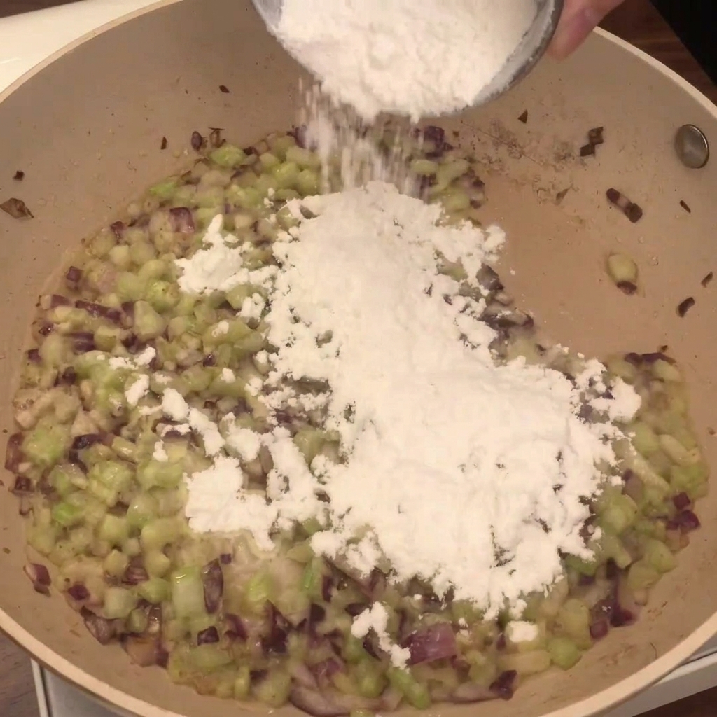 Liquido limpido versato da una ciotola nella padella con le verdure e il roux.