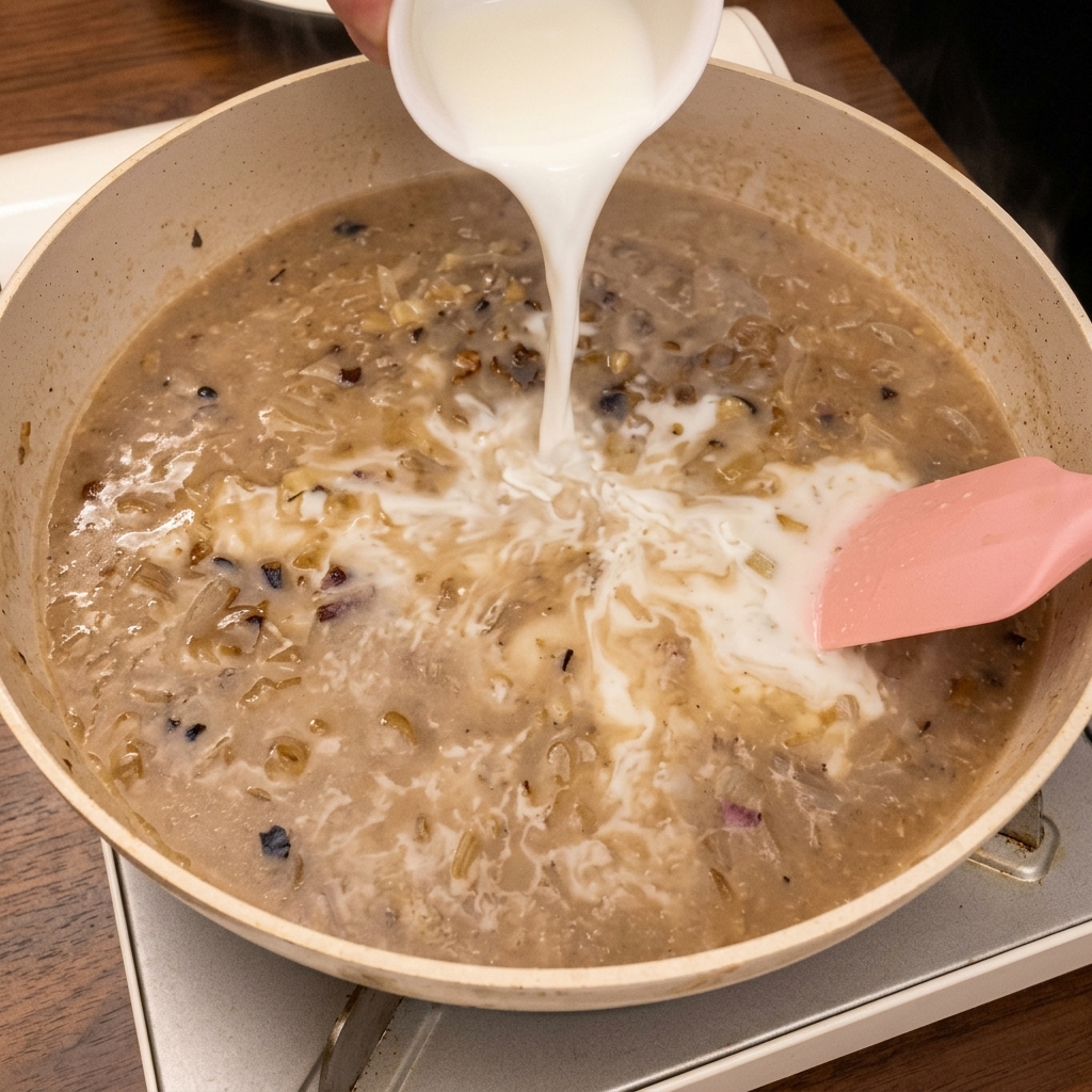 Latte versato nella base della zuppa che sobbolle e si addensa.