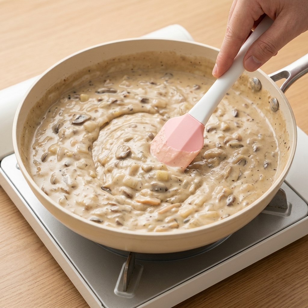 Panna fresca che viene versata nella zuppa di vongole che sobbolle.