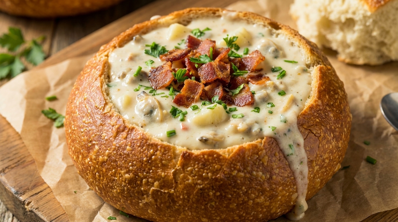 Zuppa di Vongole Cremosa in Pane ai Cereali
