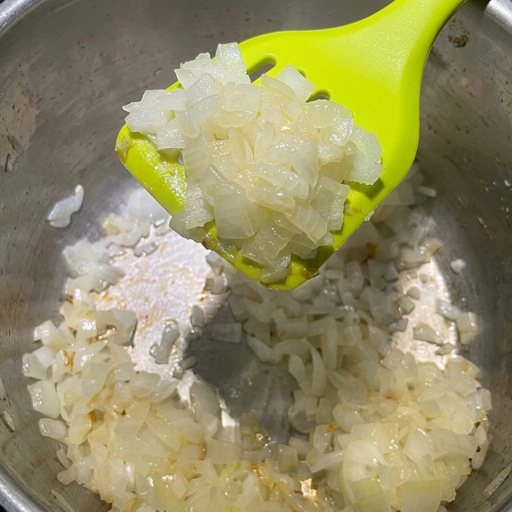 Cipolle bianche a cubetti che soffriggono in una pentola con burro fuso.