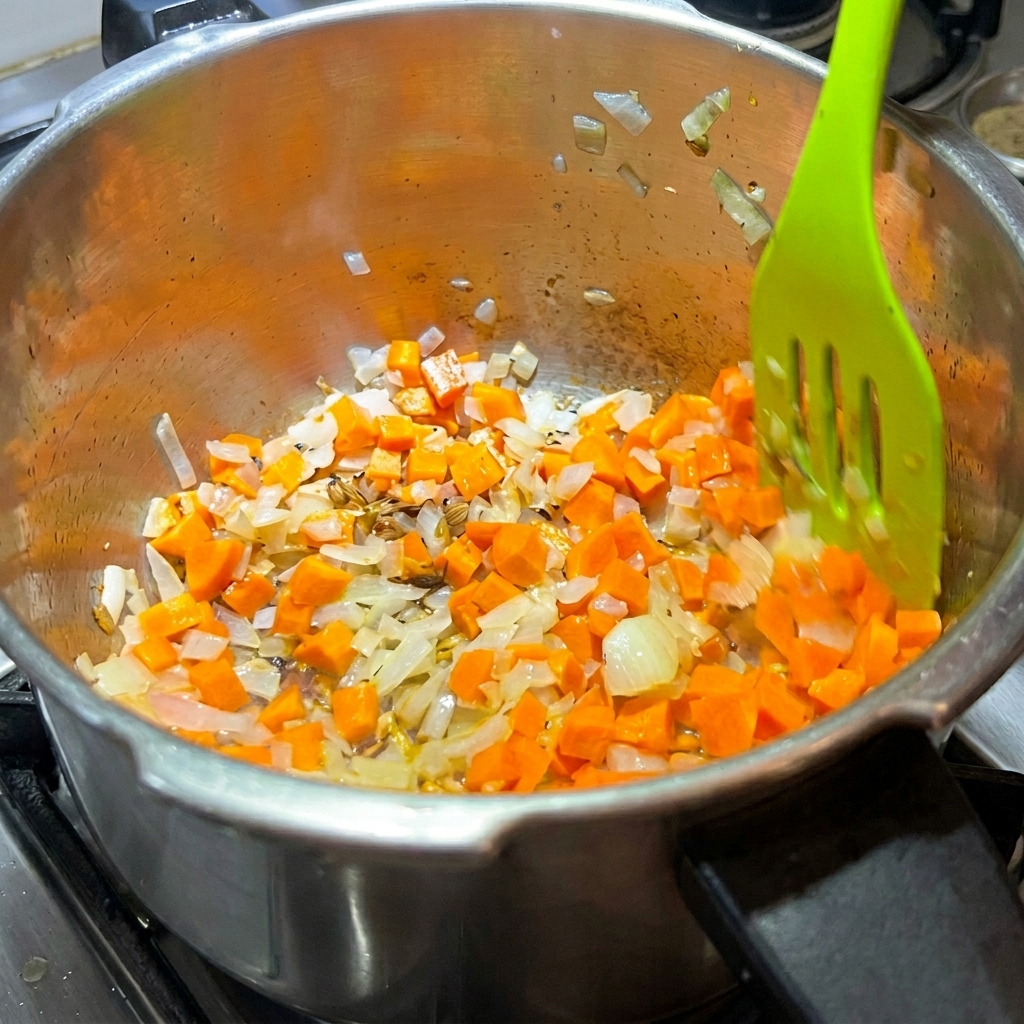Carote a cubetti mescolate nella pentola con le cipolle cotte.