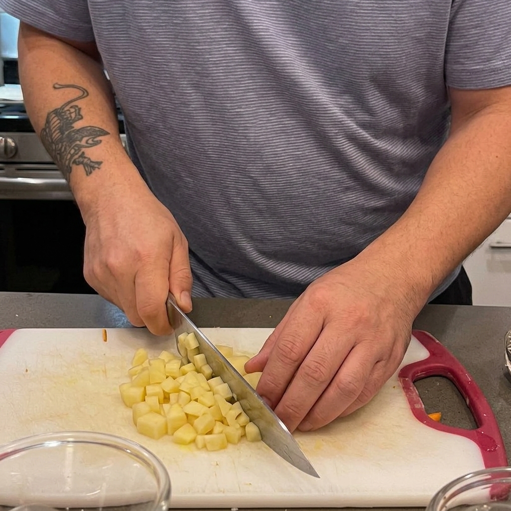 Tritare vongole in scatola in pezzi uniformi su un tagliere.