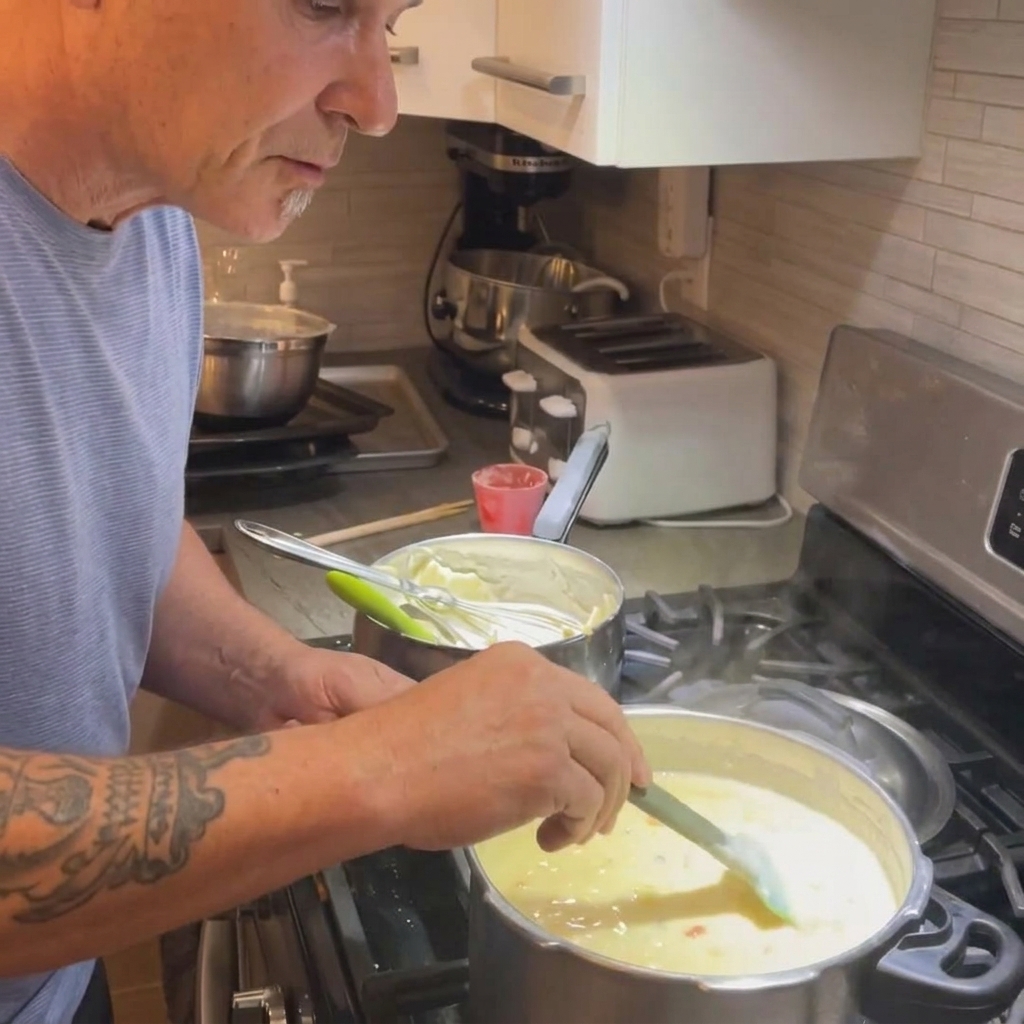 Una frusta che mescola farina e burro fuso in un pentolino per formare un roux denso.