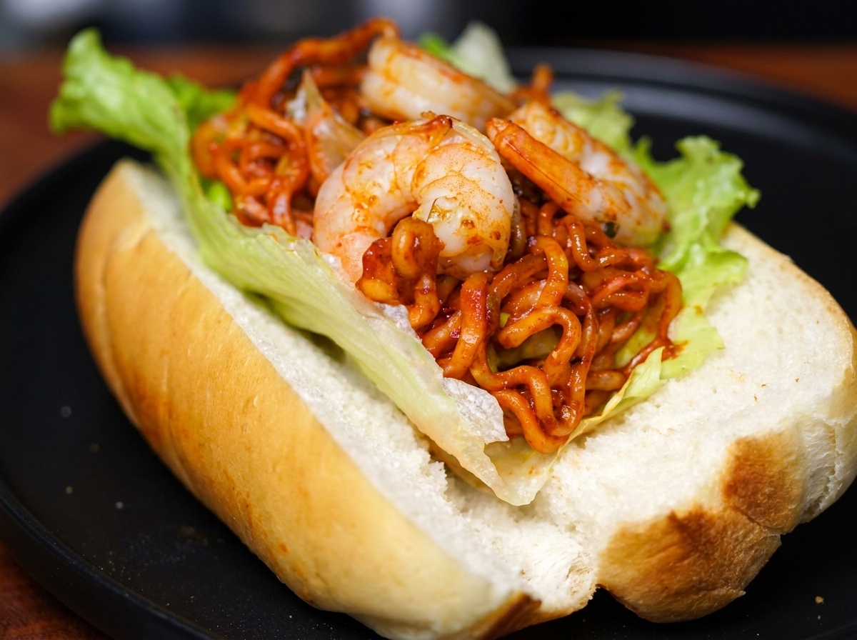Gamberi grigliati sopra i noodles nel panino, pronti per la carne.
