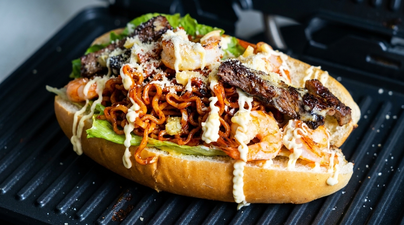 Hot Dog Fusion: Noodles piccanti, Gamberi e Tagliata