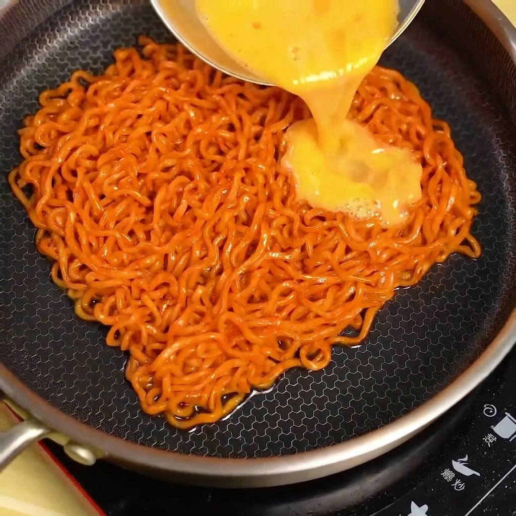 Un flusso di uova sbattute versato sul mucchio di noodles piccanti in padella.