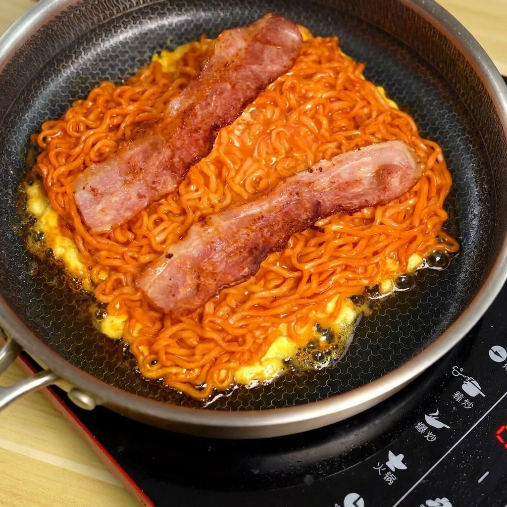 Due fette di pancetta croccante adagiate sopra il composto di noodles e uova in padella.