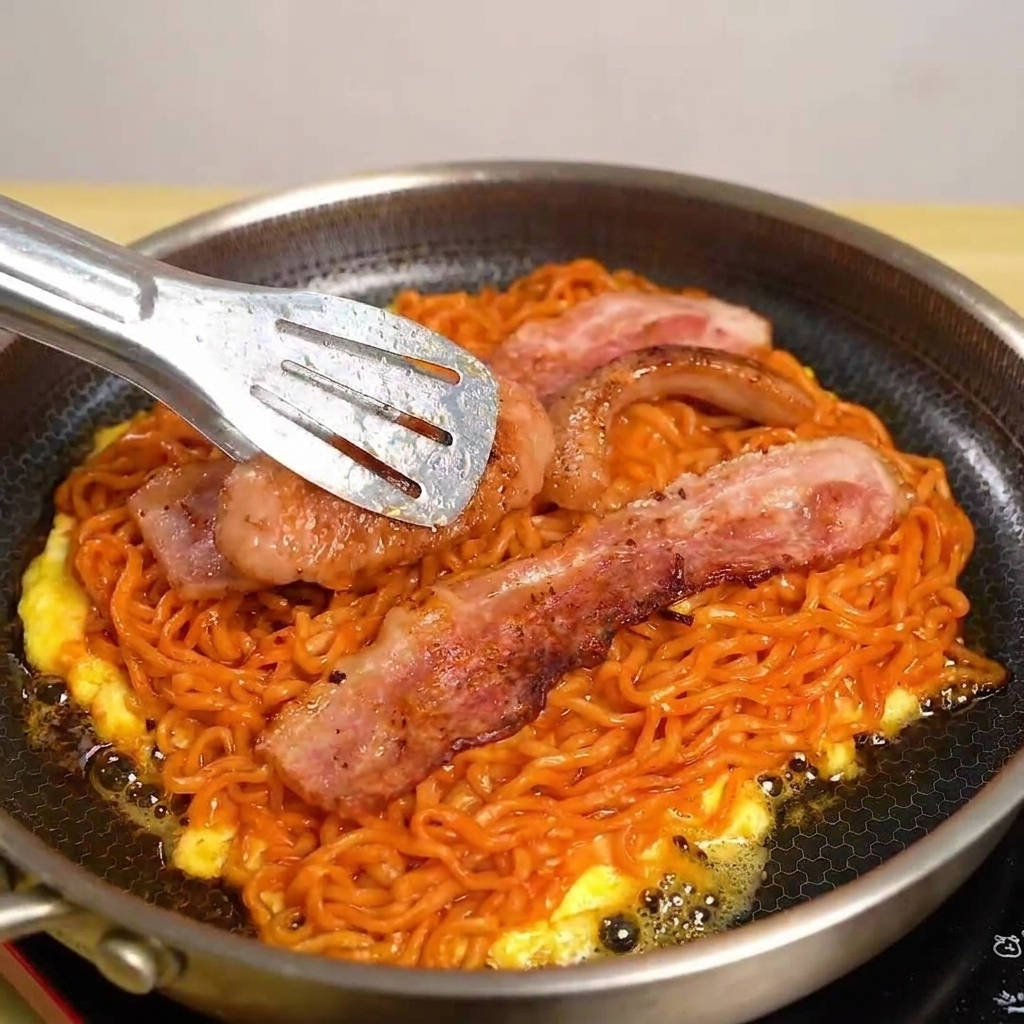 Una fetta di formaggio giallo posizionata sopra la pancetta e i noodles in padella.