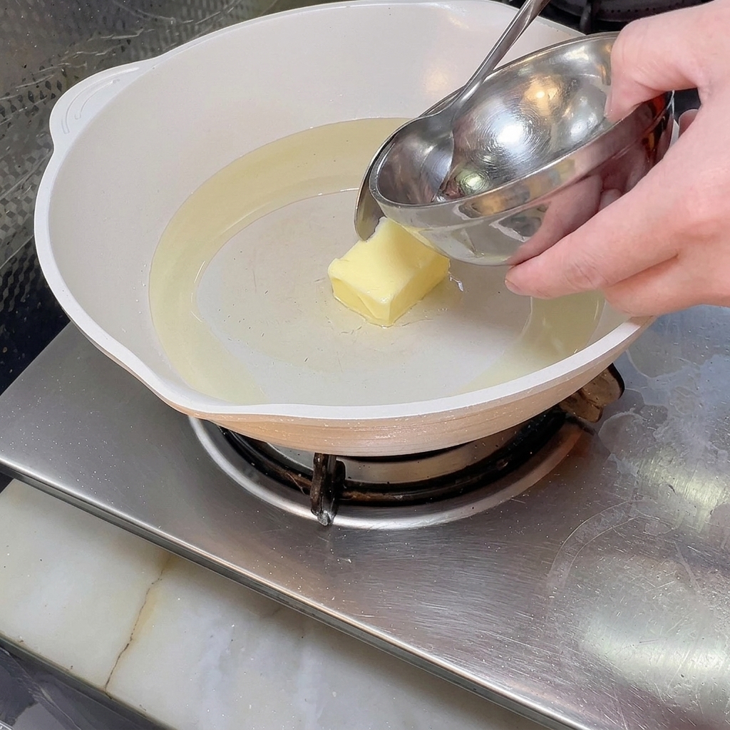 Un pezzetto di burro che si scioglie in un po dolio in una padella bianca pulita.