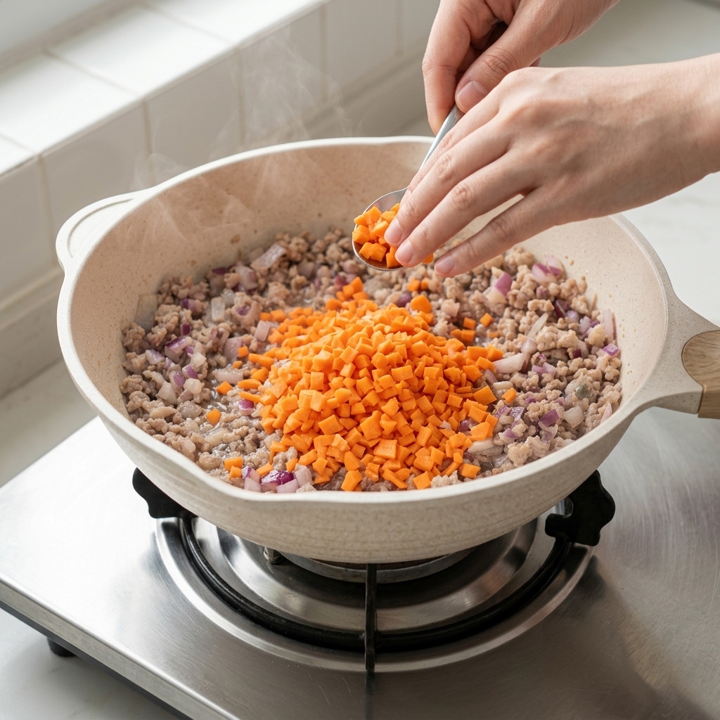 Carote a cubetti aggiunte alla padella con carne e cipolle.