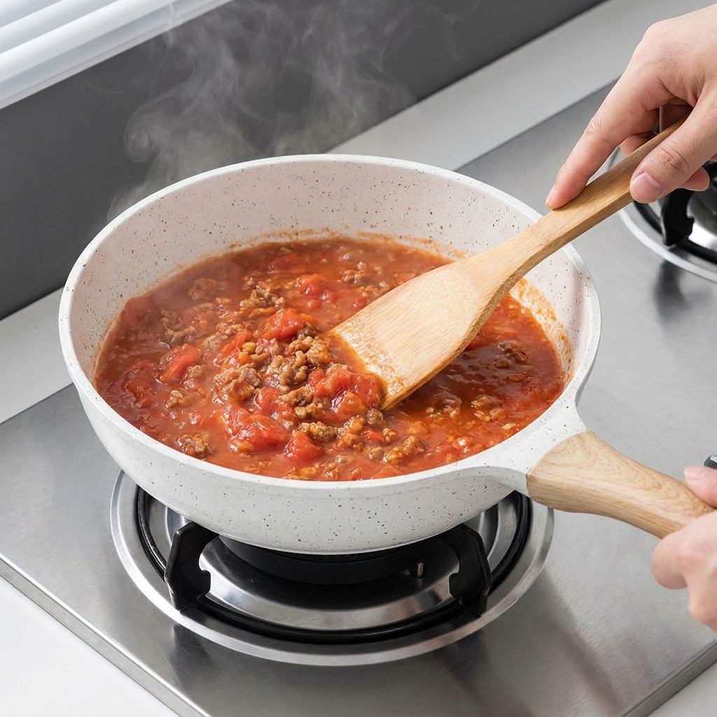 Concentrato di pomodoro aggiunto alla padella con carne e verdure.