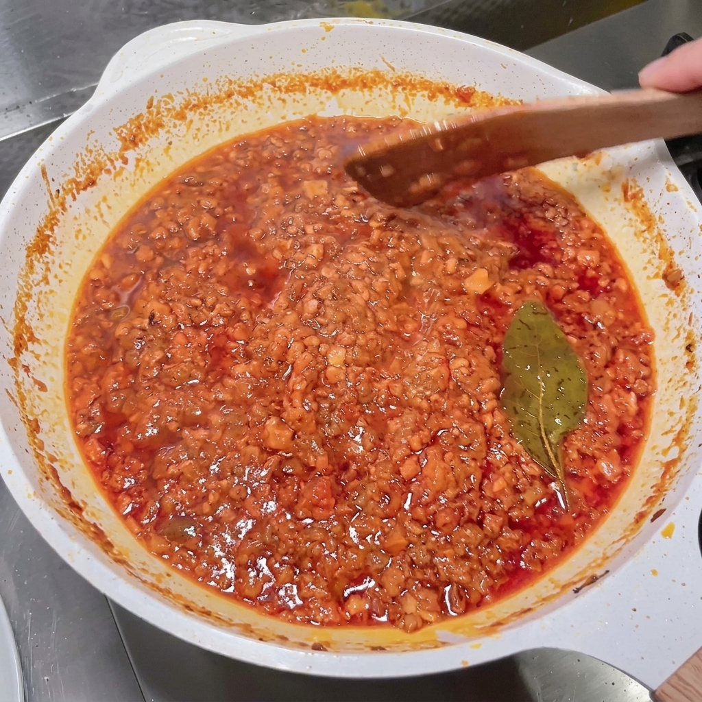 Vino rosso versato con un cucchiaio nella padella calda con la carne e le verdure.