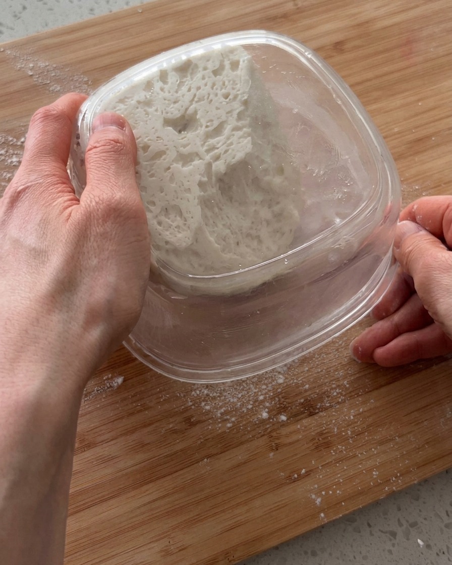Impasto della pizza steso a mano e bucherellato su un tagliere di legno.