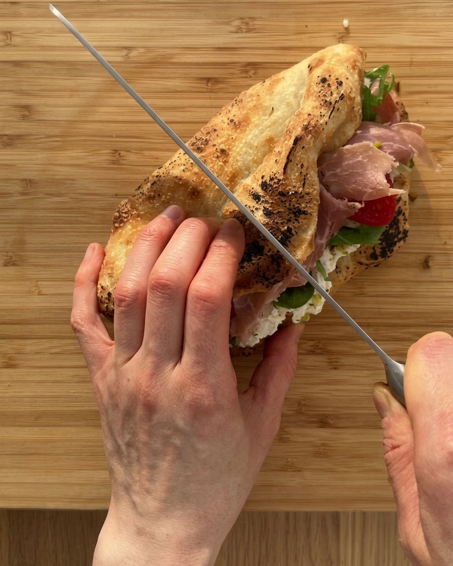 Un coltello seghettato che taglia a metà il panino appena assemblato su un tagliere di legno.