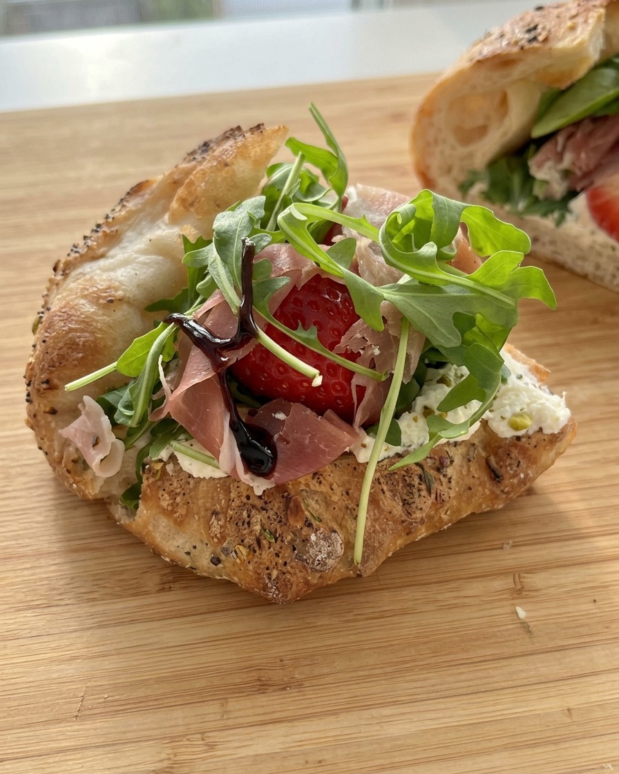 Glassa di aceto balsamico scura versata su un panino fresco ripieno di prosciutto, fragole e rucola.