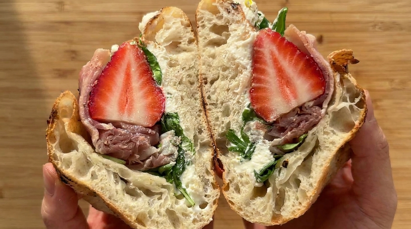 Panino di Pizza con Prosciutto, Ricotta e Fragole