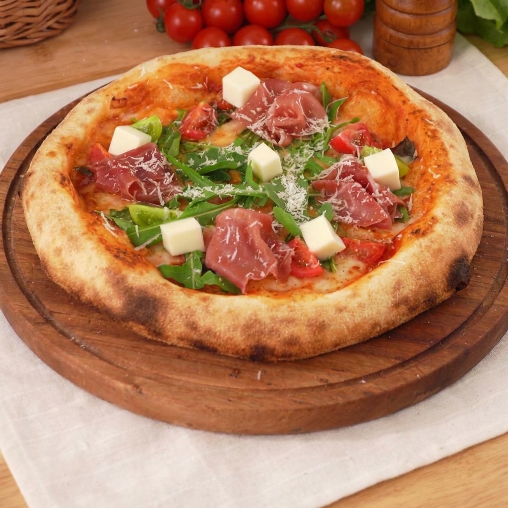 Vista dallalto di una ciotola bianca con farina per pizza e ingredienti secchi dosati.