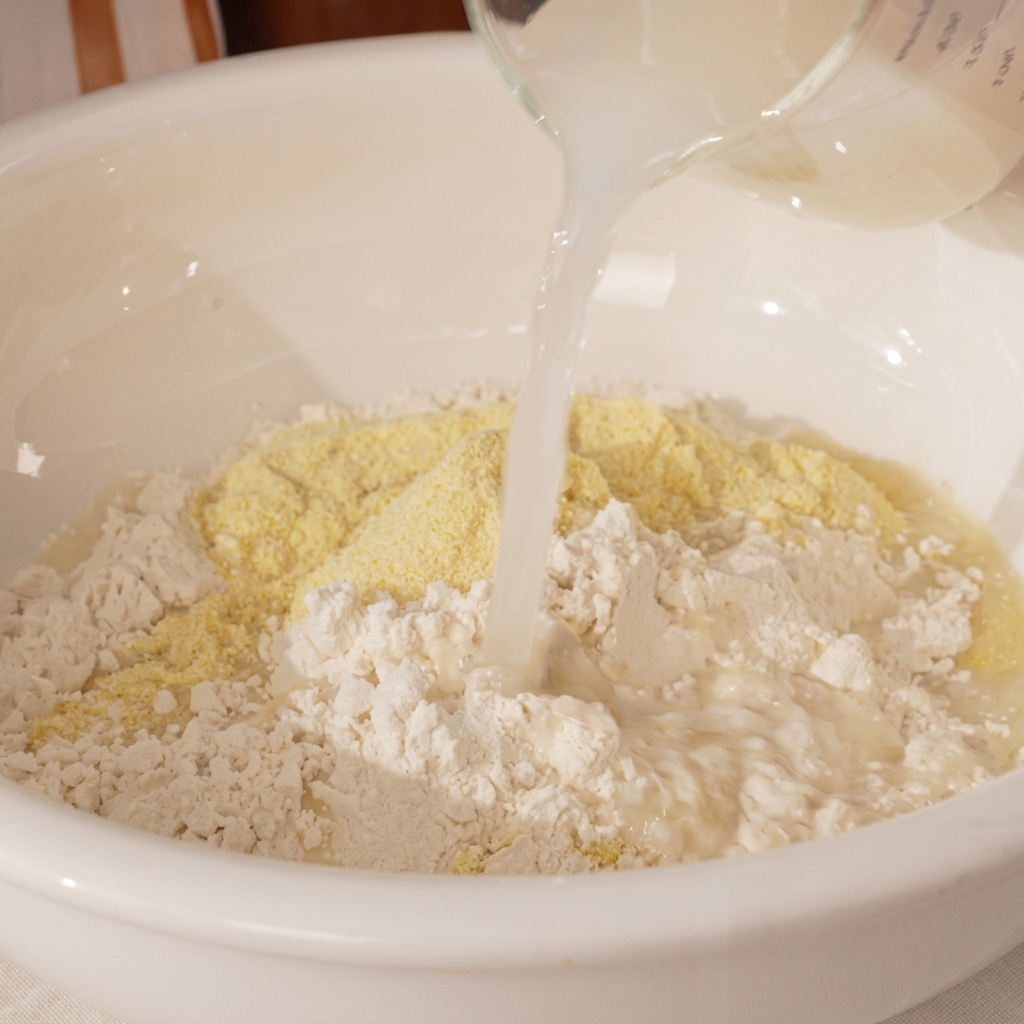 Mani con guanti che impastano la pasta per la pizza in una grande ciotola bianca.