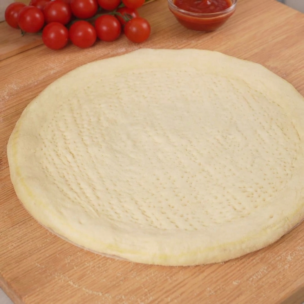 Un cucchiaio che stende una vivace salsa di pomodoro rosso e basilico sullimpasto crudo.