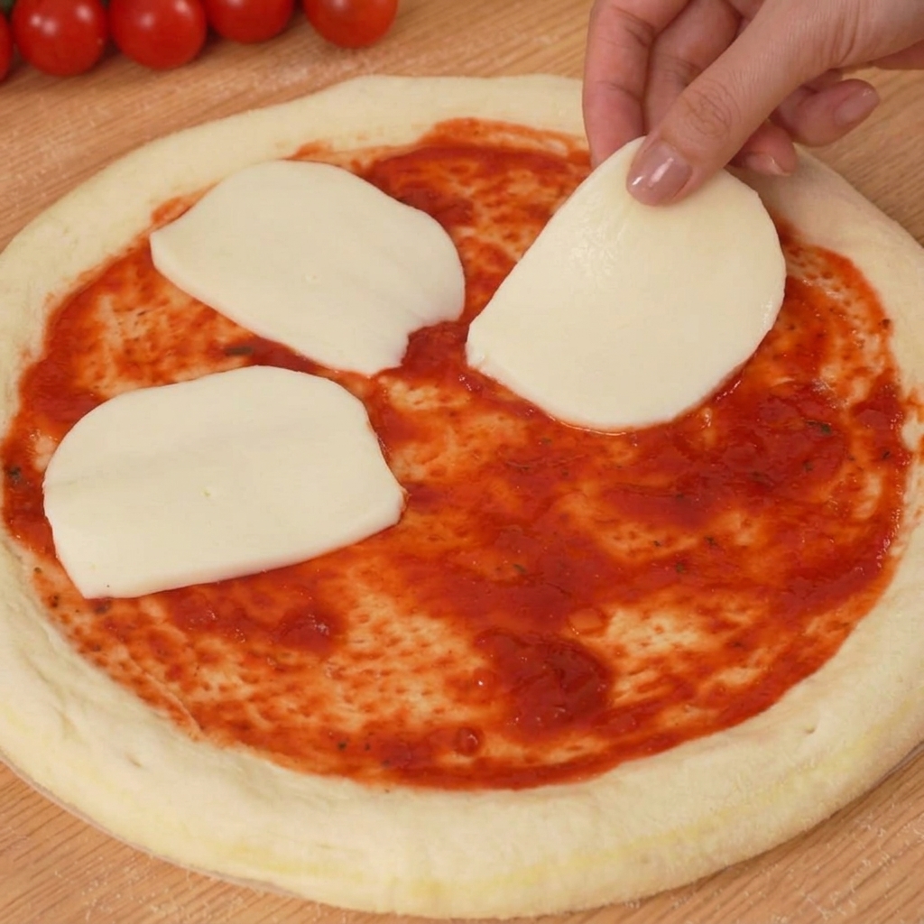 La base condita guarnita con pezzi di mozzarella bianca e pomodorini rossi tagliati a metà.