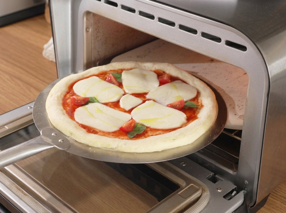 Una pala di metallo che inforna la pizza guarnita nel forno caldissimo.