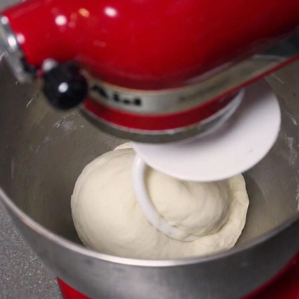 Un panetto di pasta per pizza liscio lavorato dal gancio dellimpastatrice.