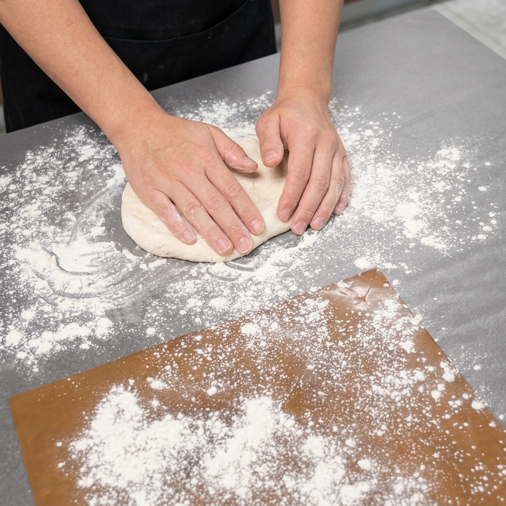 Mani che stendono una palla di pasta per pizza su un piano infarinato per creare la base.