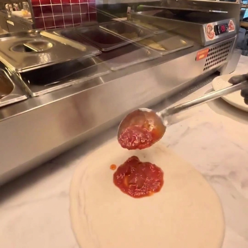 Salsa di pomodoro stesa su un disco di impasto per pizza con un mestolo in acciaio.