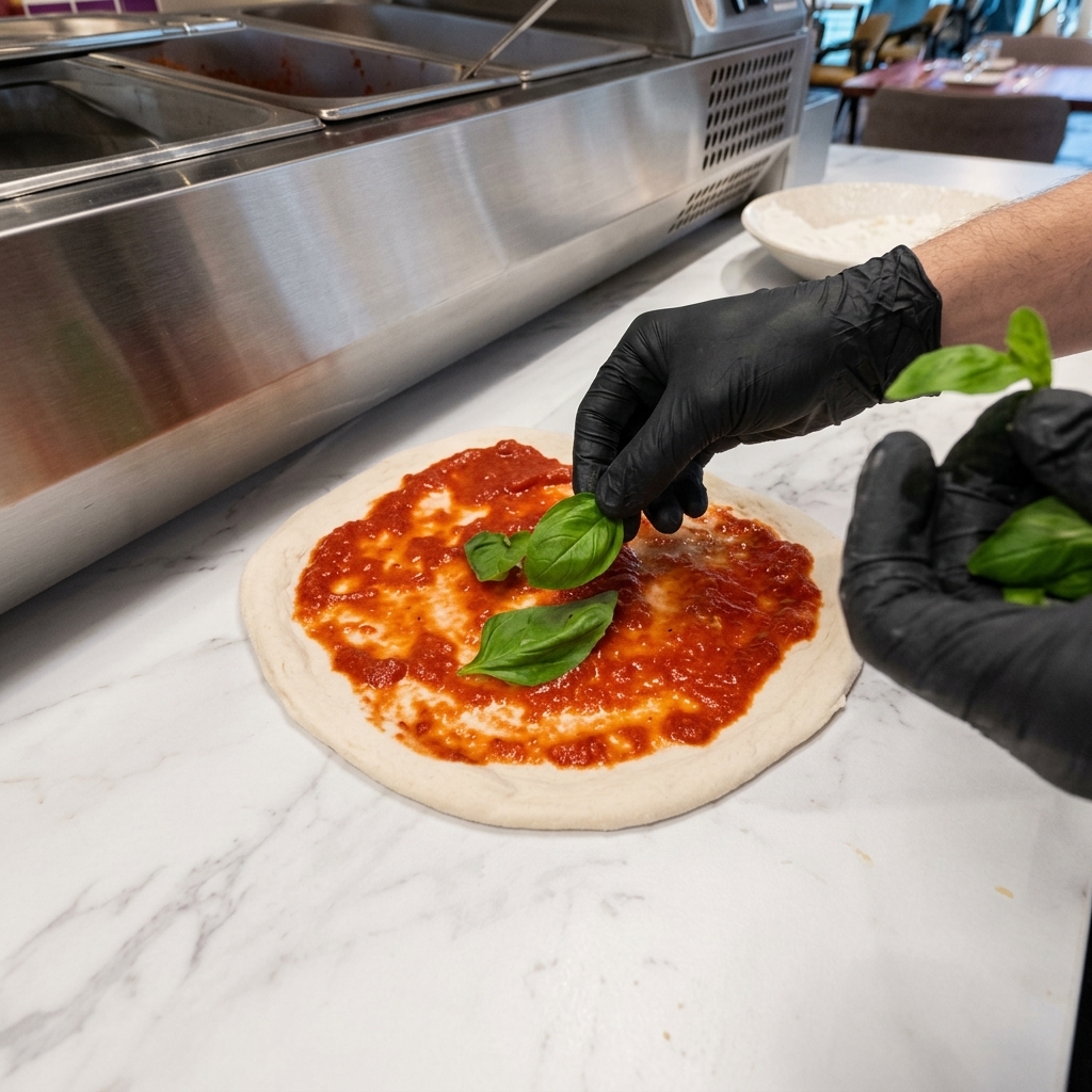 Foglie di rucola fresca posizionate sopra la pizza condita con il pomodoro.