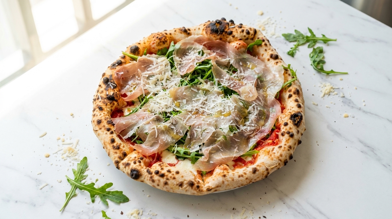 Una pizza appena sfornata guarnita con rucola fresca, fette di prosciutto delicato e scaglie di Parmigiano.