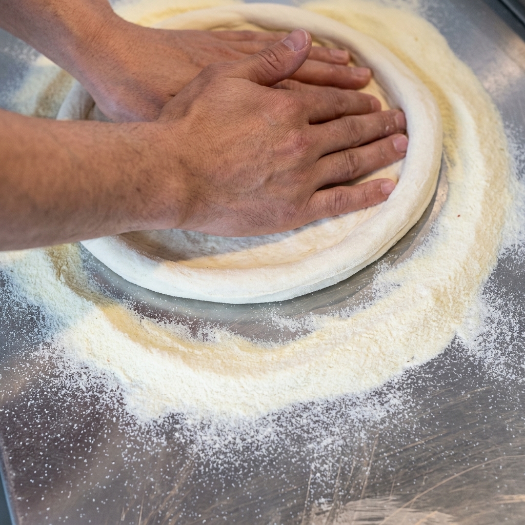 Primo piano delle mani che stendono limpasto della pizza su un piano di lavoro infarinato.