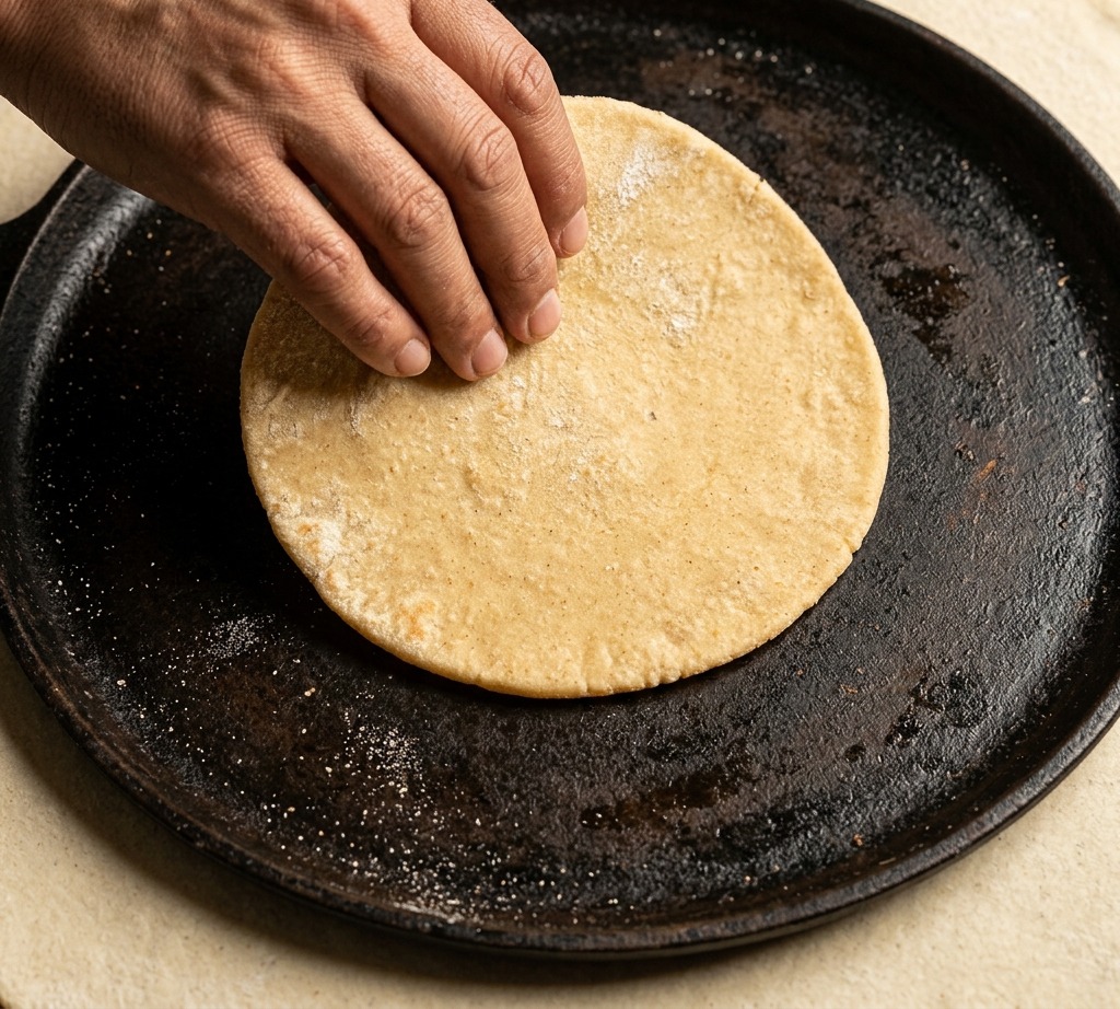 Ripresa ampia delle mani che stendono con cura la base circolare della pizza su un tavolo in acciaio.