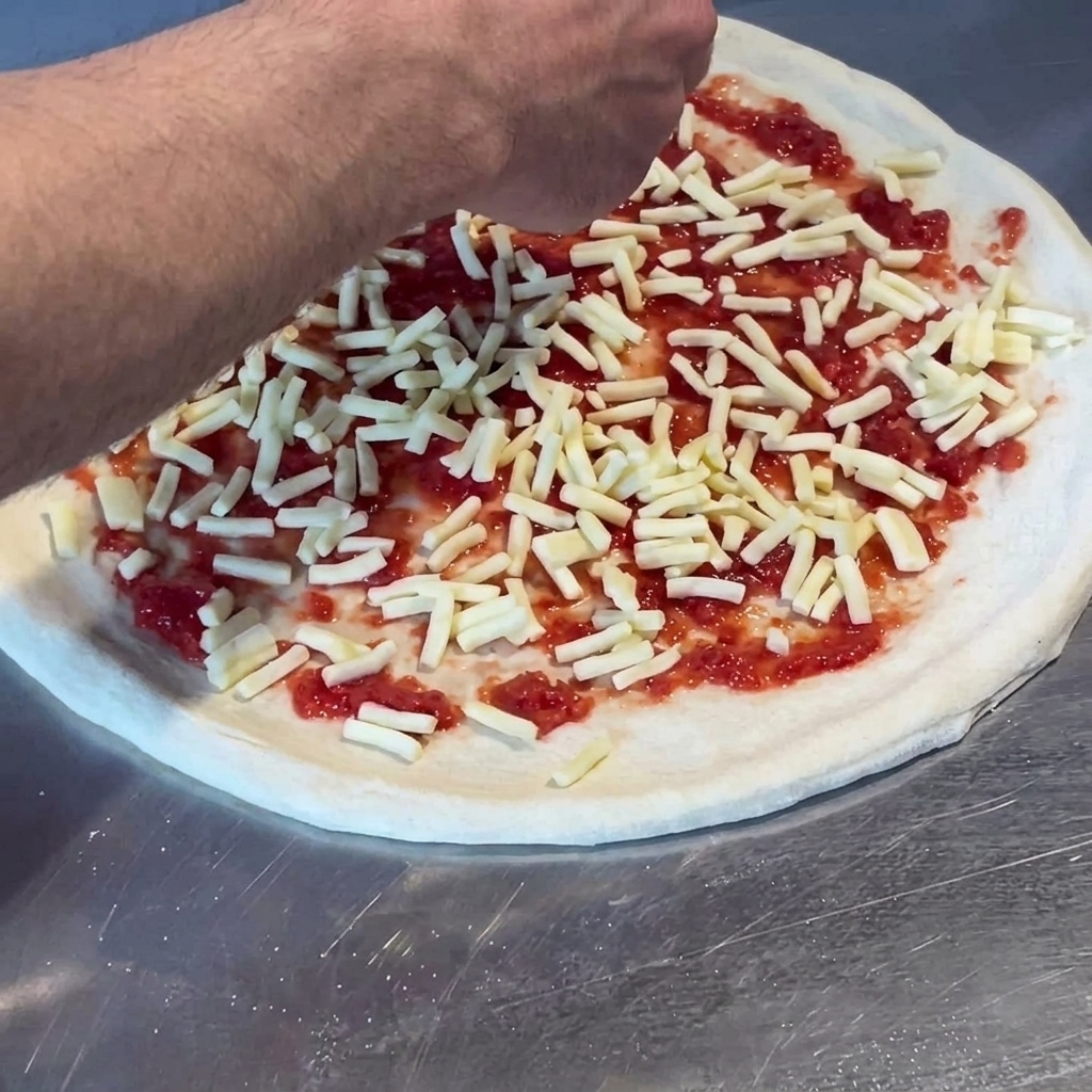 Mozzarella grattugiata sparsa sopra la base di pomodoro.