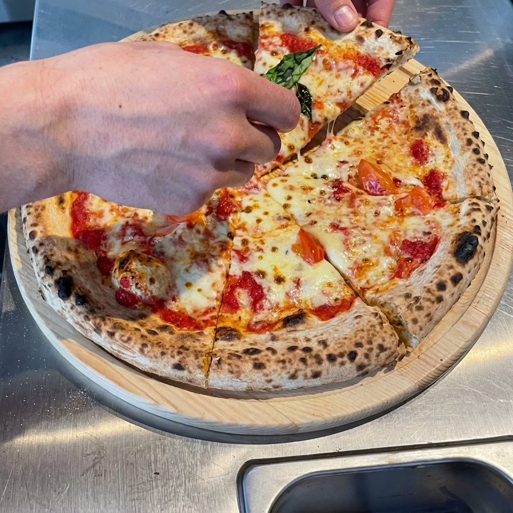Foglie di rucola fresca verde appoggiate sopra la pizza calda appena uscita dal forno.