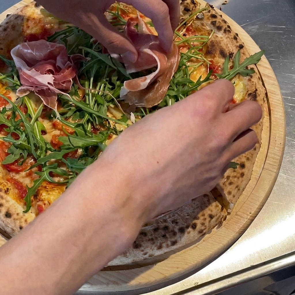 Sottili fette di prosciutto crudo adagiate sulla pizza come guarnizione finale.