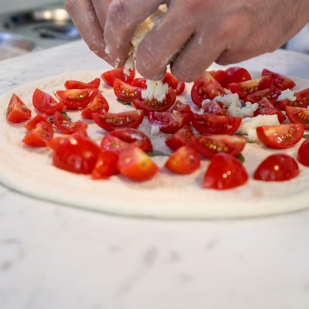Mozzarella sparsa in modo uniforme sulla base della pizza già ricoperta di pomodoro.