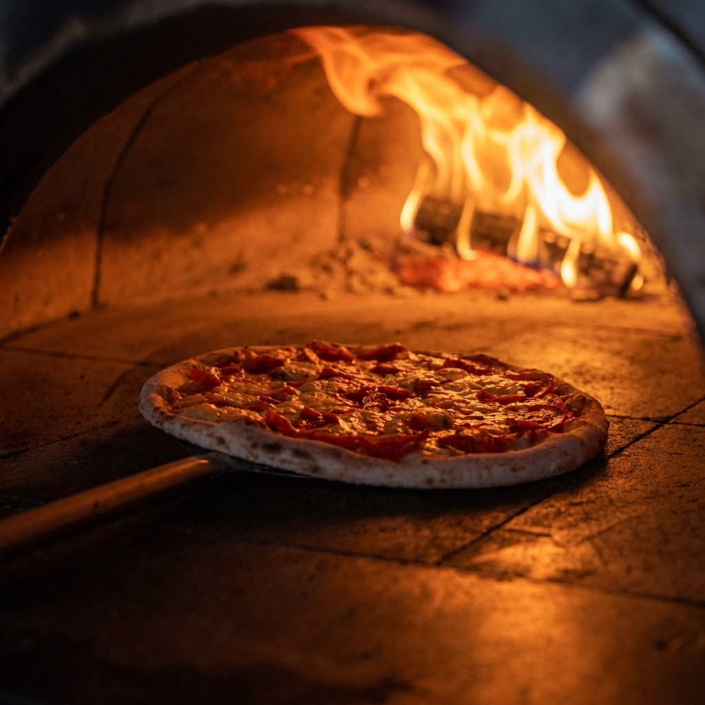 Una pizza in cottura dentro un forno a legna incandescente, che viene fatta ruotare con una lunga pala di metallo.