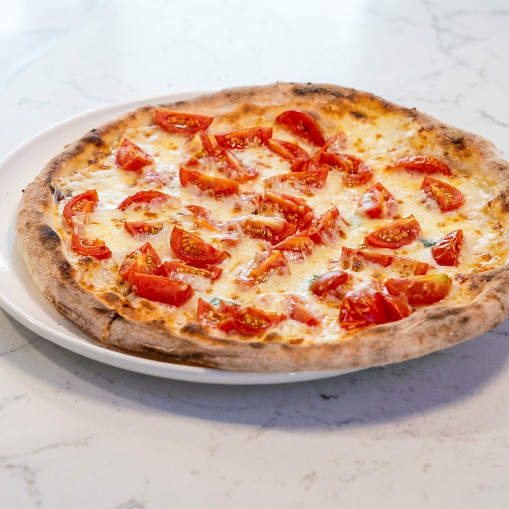 Una pizza appena sfornata che viene tagliata su un piano di marmo con una rotella per pizza in acciaio inossidabile.