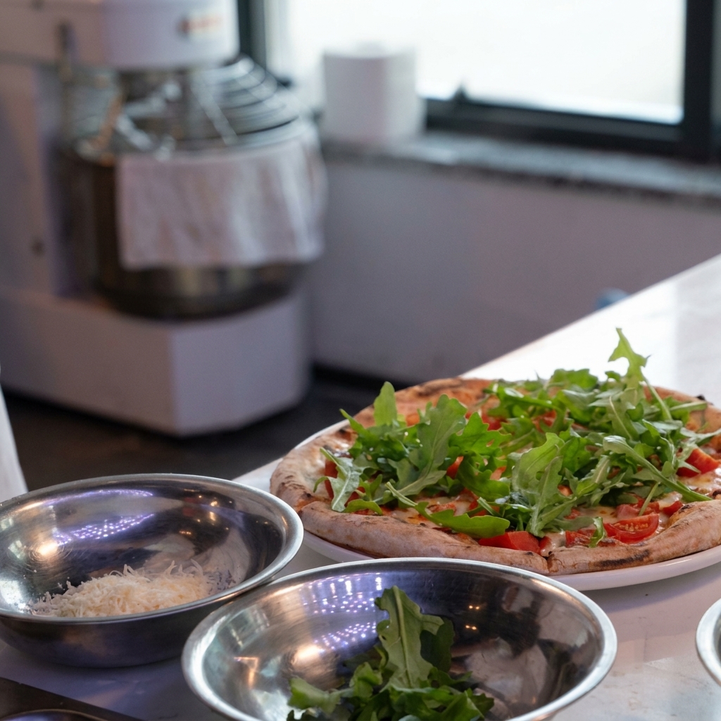 Rucola verde e fresca posizionata sopra una pizza cotta e appena tagliata.