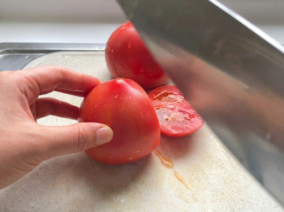 Pomodori rossi freschi tagliati a pezzetti su un tagliere bianco con un coltello grande.