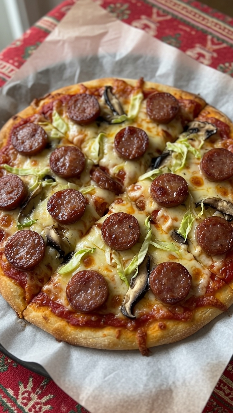 Pizza fatta in casa con salsiccia e funghi shiitake
