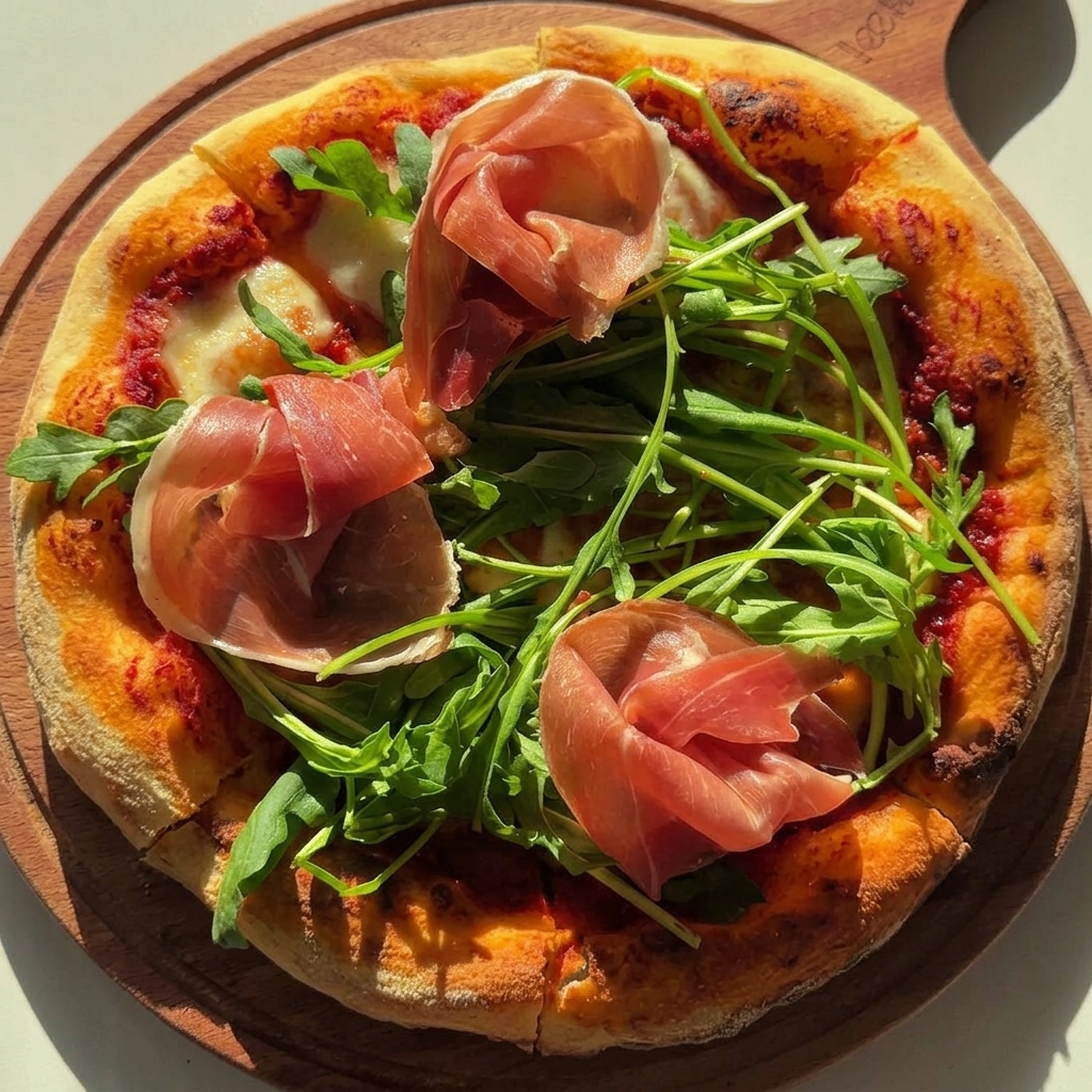Pizza appena sfornata guarnita con rucola e fette di prosciutto.