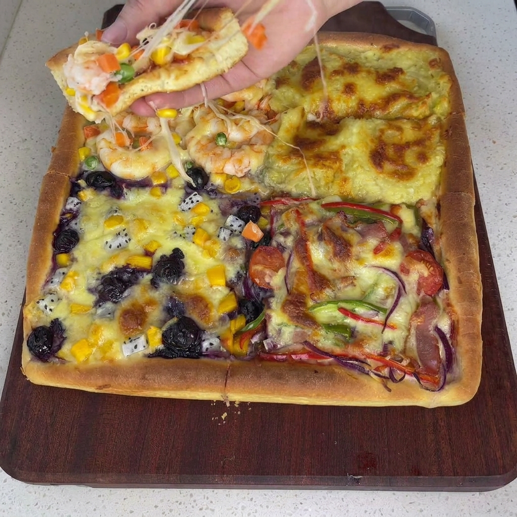 Mano che cosparge abbondante formaggio grattugiato sulla pizza condita.