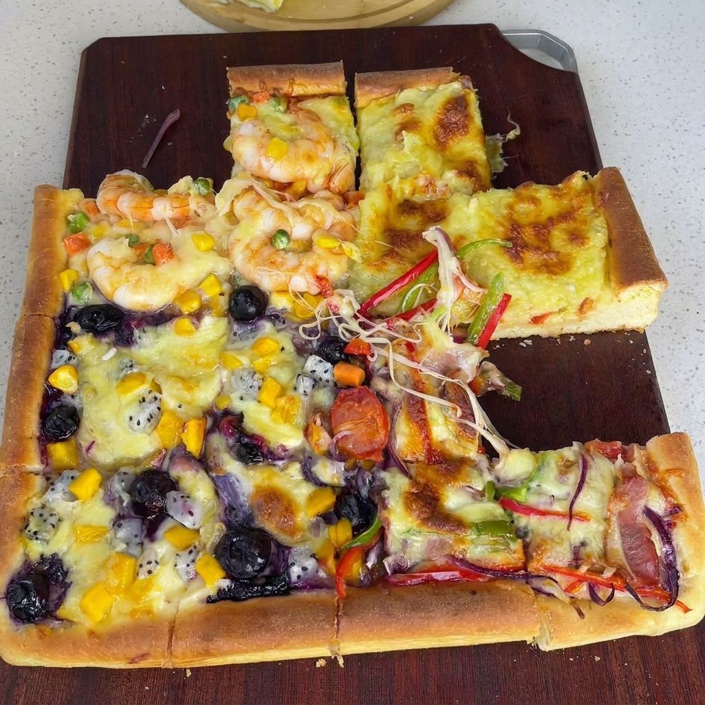Pizza pronta per essere infornata, ricoperta da altro formaggio.