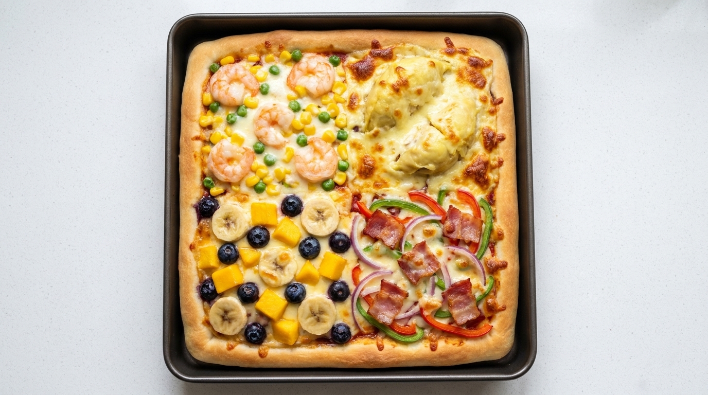 Pizza ai Quattro Gusti (Gamberi, Durian, Frutta Mista e Pancetta)