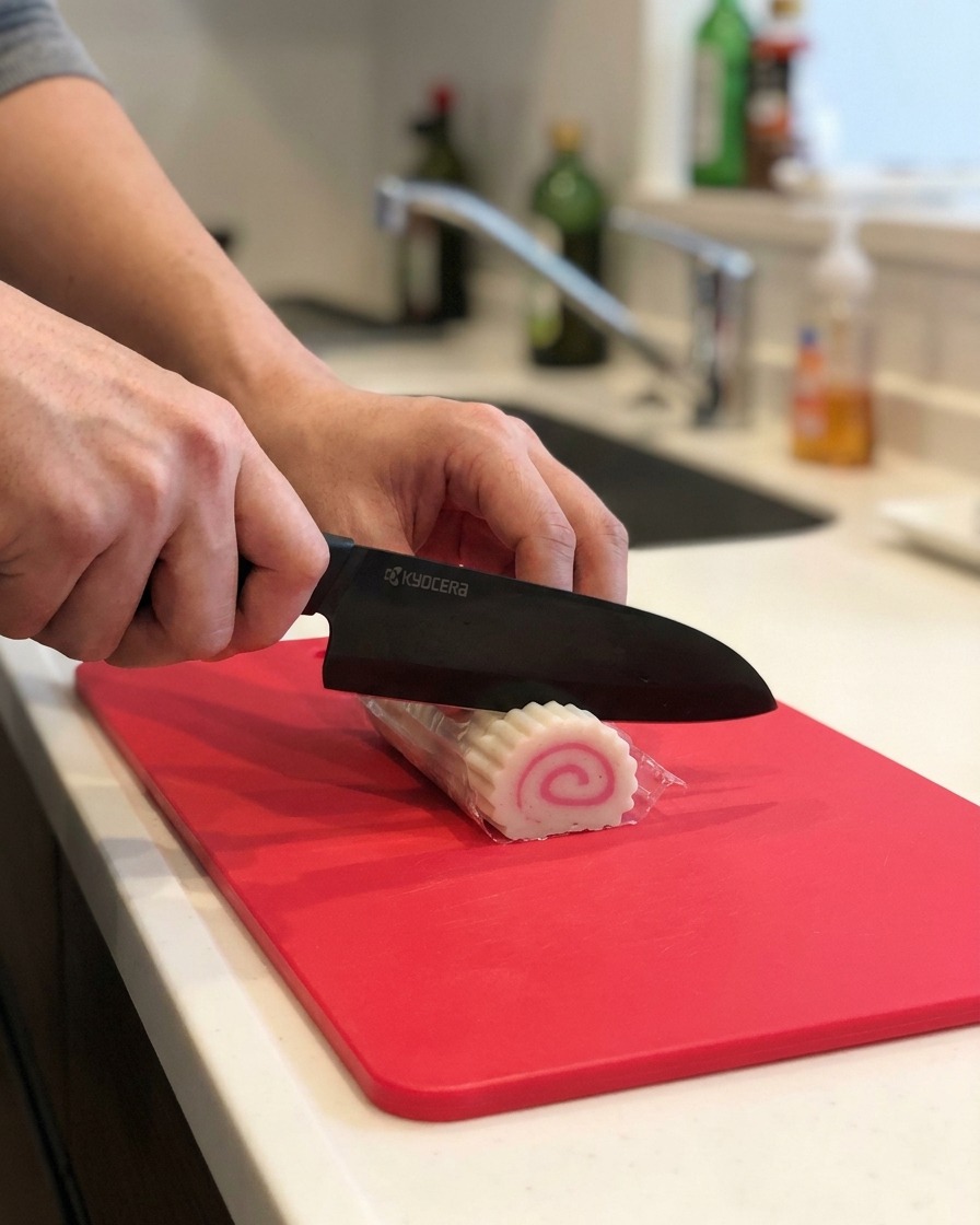 Una persona che affetta un narutomaki rosa e bianco a rondelle sottili su un tagliere rosso.