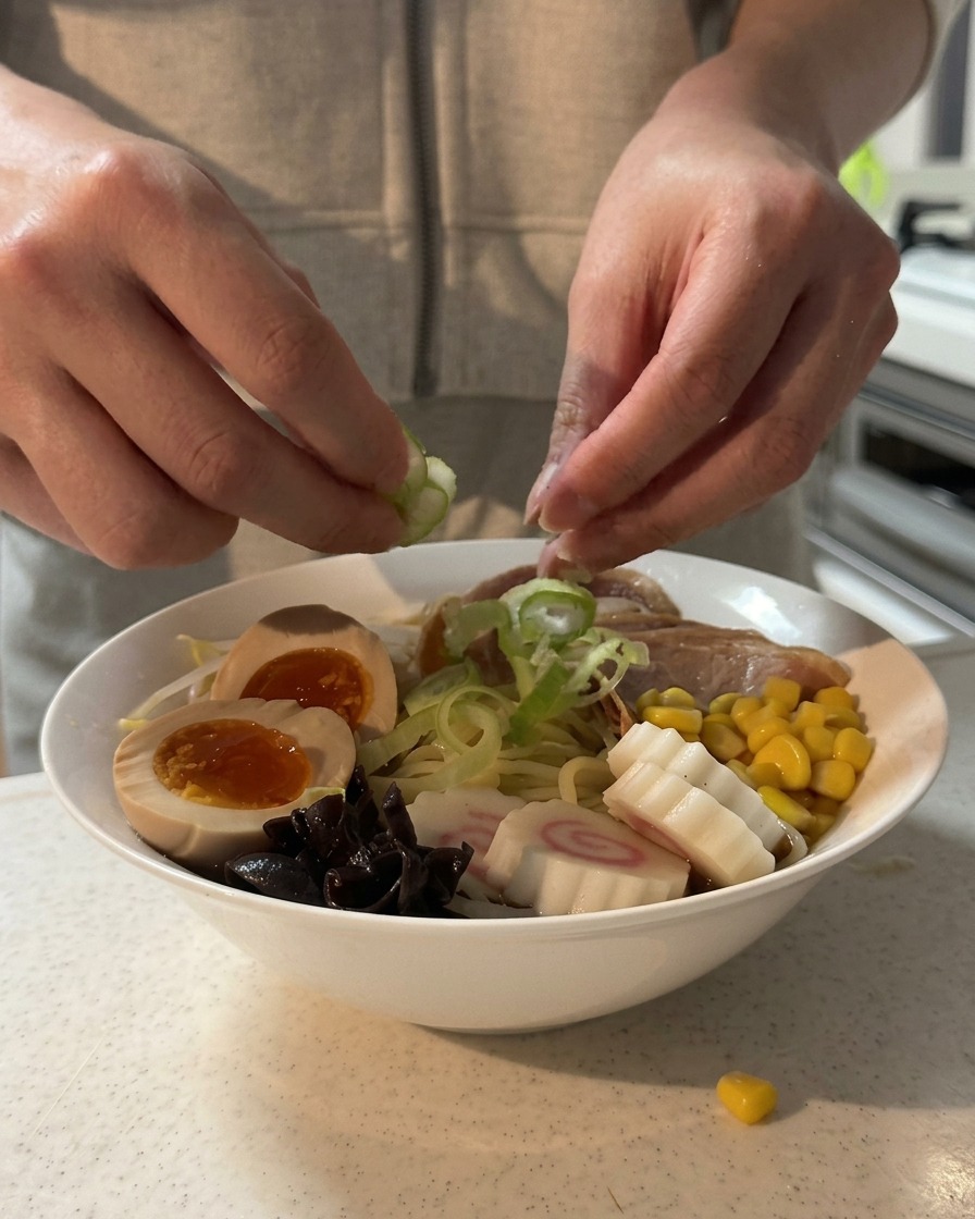 Mani che spargono cipollotti tritati sopra una ciotola di ramen shoyu fatto in casa riccamente guarnita.