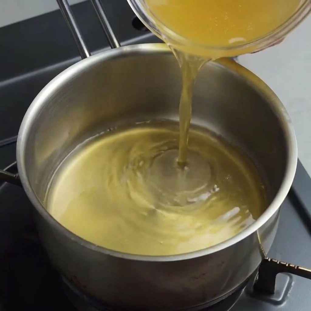 Brodo di pollo chiaro versato da una ciotola di vetro in un pentolino dacciaio inossidabile.