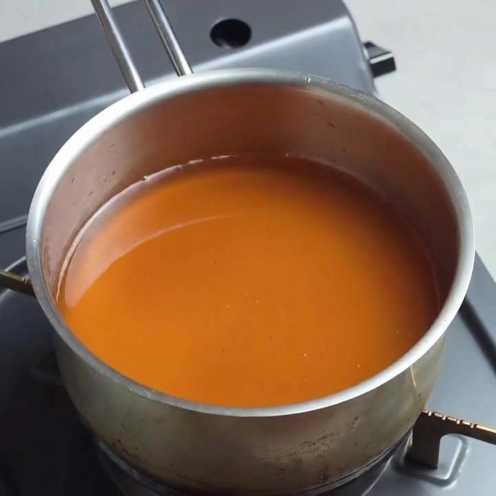 Un pentolino contenente una base di zuppa ramen ambrata scura che sobbolle a fuoco medio.